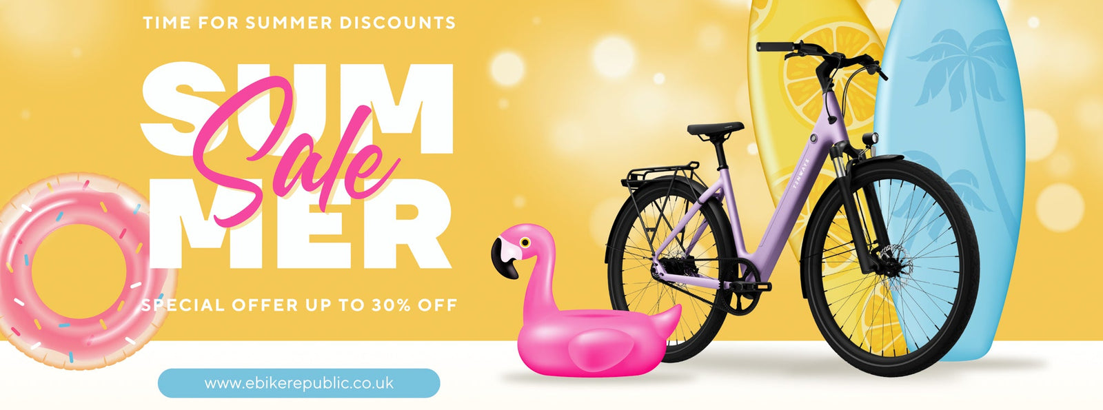 Promotional banner with a bicycle, inflatable pool toy, and surfboard on a yellow background with summer-themed text.