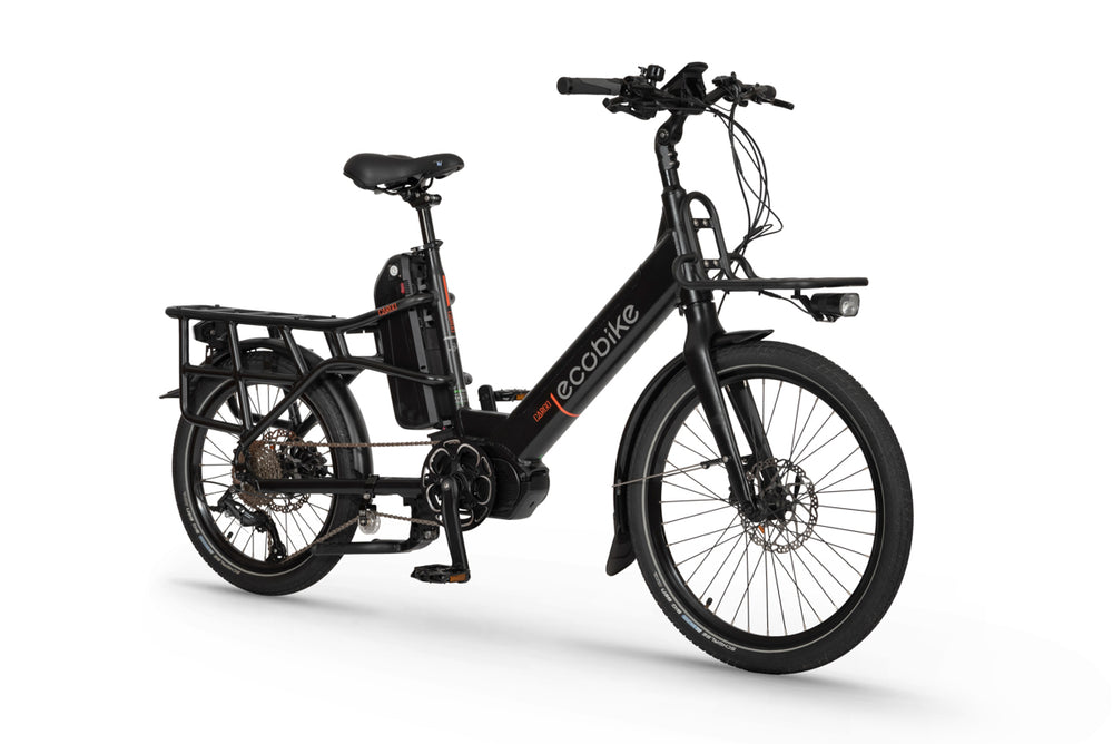 Ecobike Cargo Electric bike in black colour angled to the front-right