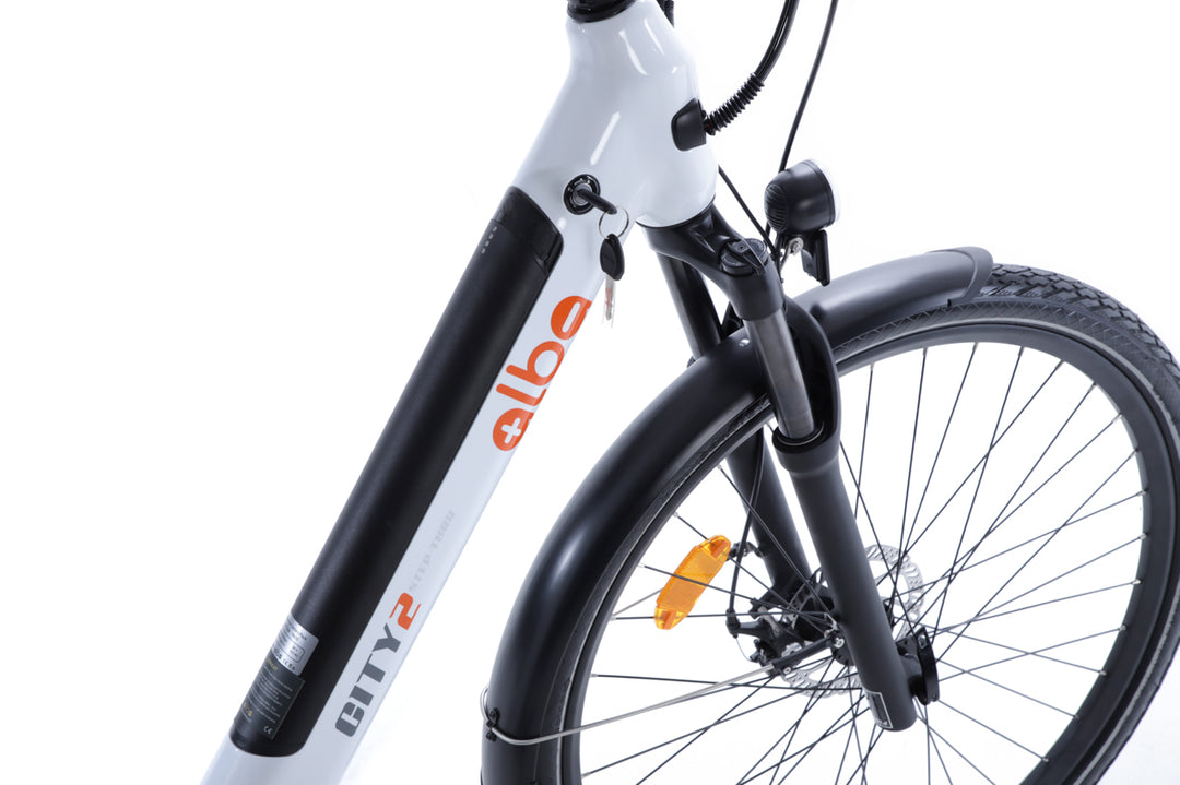 Alba City 2 electric bike battery and forks close up