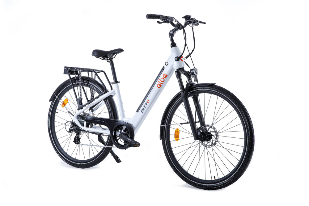 Alba City 2 electric bike in white colour angled to the front-right