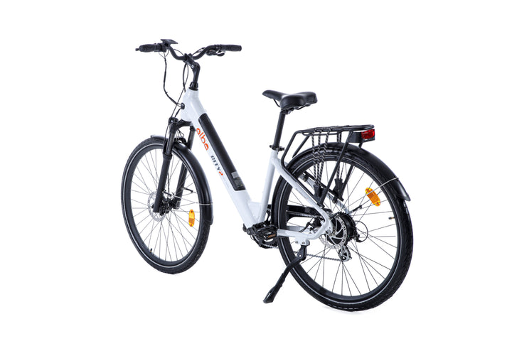 Alba City 2 electric bike in white colour rear angle to the left