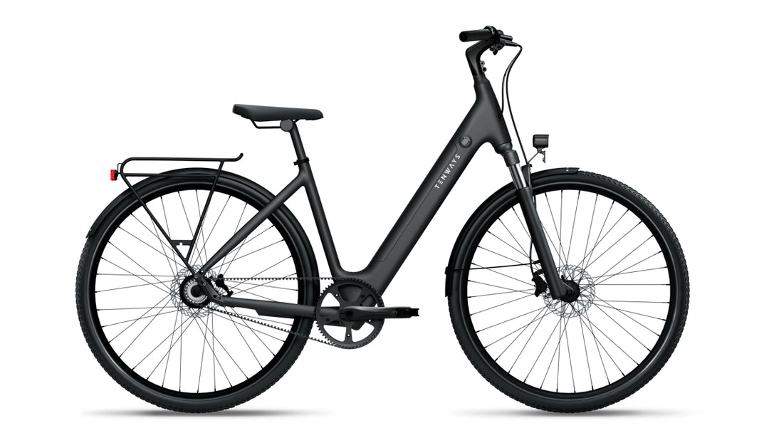 Side profile of Tenways 800S electric bike in Midnight Black with a step-through frame, integrated battery, belt drive system, front suspension fork, and rear rack.