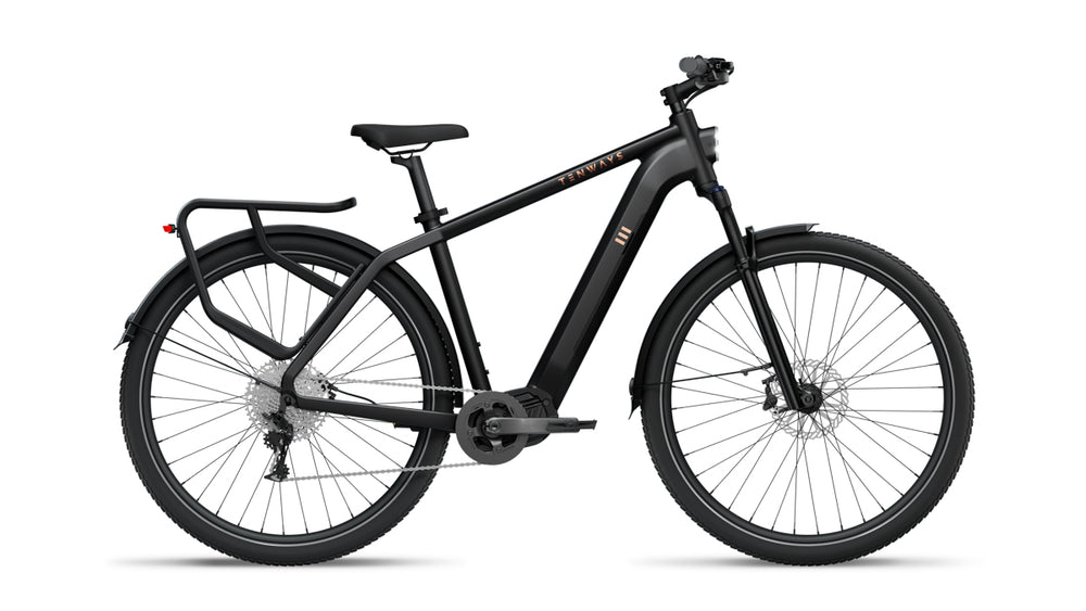 Side profile of Tenways AGOX electric bike in Midnight Black with a crossbar frame, integrated light and battery, belt drive system, suspension fork, and mid-drive motor.