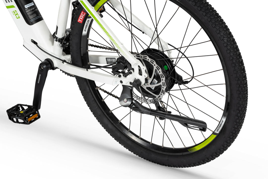 Bafang motor mounted in rear wheel of Ecobike SX3 Electric bike